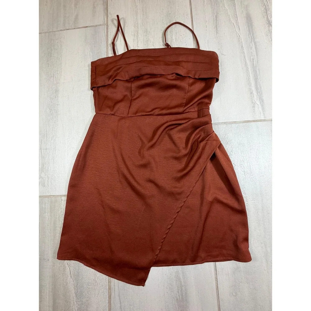 Sadie & Sage Luxe Rust Brown Satin Pleated Wrap Tulip Hem Mini Dress
